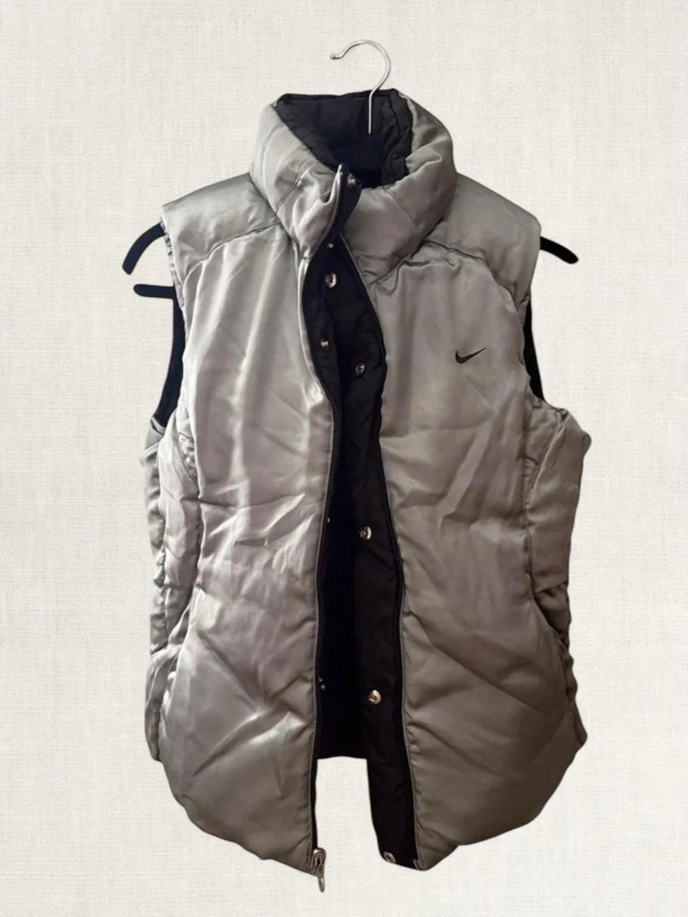 Nike Black Women's Quilted Reversible Puffer Vest with Silver Swoosh
